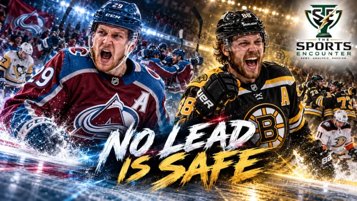 Nathan MacKinnon of the Colorado Avalanche and David Pastrnak of the Boston Bruins featured in an NHL October 16, 2026 graphic celebrating their comeback victories over Pittsburgh and Anaheim.