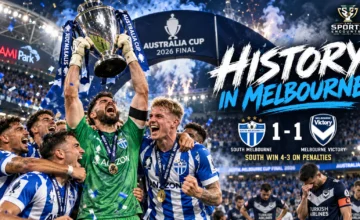 South Melbourne players celebrate their historic Australia Cup 2026 final victory over Melbourne Victory at AAMI Park after winning the penalty shootout 4-3.