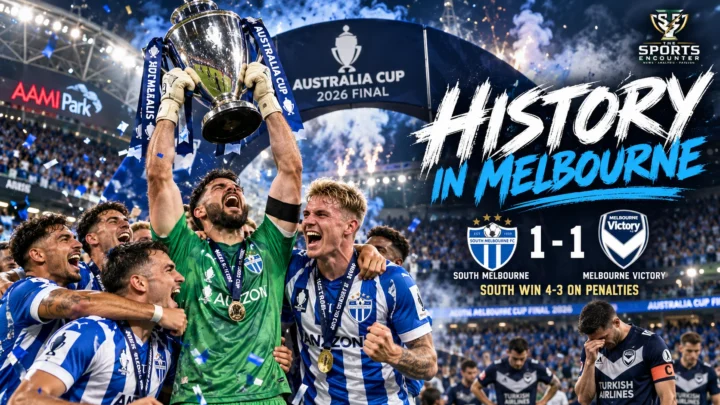 South Melbourne players celebrate their historic Australia Cup 2026 final victory over Melbourne Victory at AAMI Park after winning the penalty shootout 4-3.