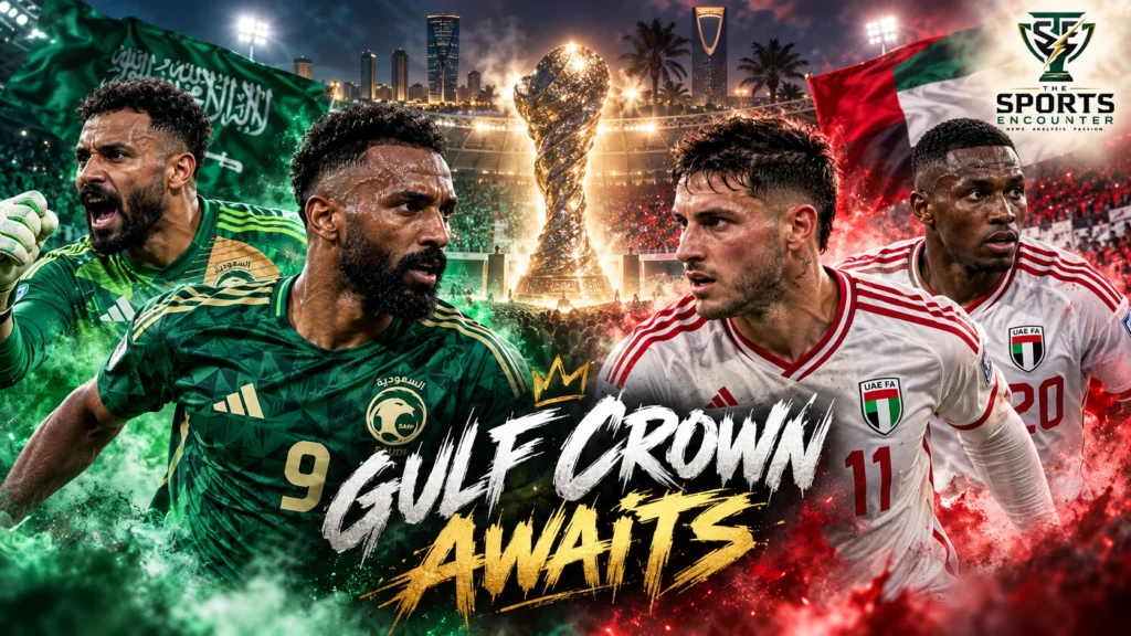 Saudi Arabia and UAE players ahead of the Gulf Cup 27 final at Alinma Stadium in Jeddah, where Saudi Arabia’s 390-minute clean-sheet run meets the UAE’s nine-goal attack.