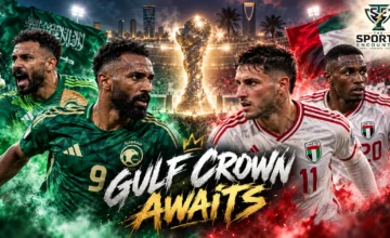 Saudi Arabia and UAE players ahead of the Gulf Cup 27 final at Alinma Stadium in Jeddah, where Saudi Arabia’s 390-minute clean-sheet run meets the UAE’s nine-goal attack.