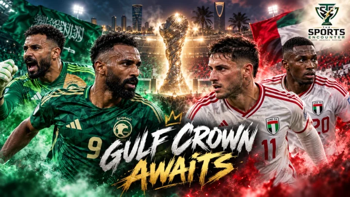 Saudi Arabia and UAE players ahead of the Gulf Cup 27 final at Alinma Stadium in Jeddah, where Saudi Arabia’s 390-minute clean-sheet run meets the UAE’s nine-goal attack.