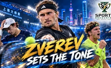 Alexander Zverev playing against Alex de Minaur in the 2026 Shanghai Masters quarterfinal, which Zverev won 6-4, 6-4.