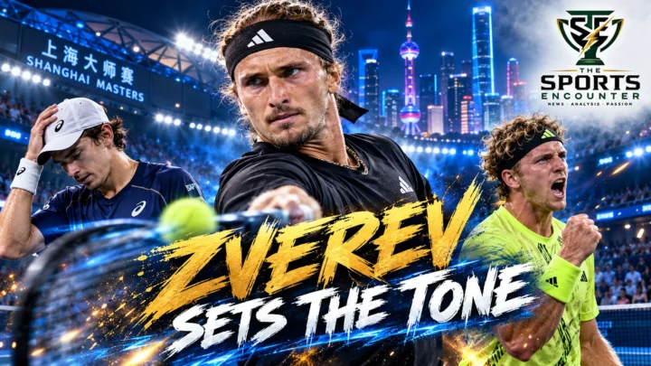 Alexander Zverev playing against Alex de Minaur in the 2026 Shanghai Masters quarterfinal, which Zverev won 6-4, 6-4.