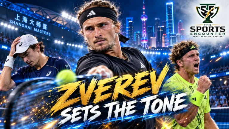 Alexander Zverev playing against Alex de Minaur in the 2026 Shanghai Masters quarterfinal, which Zverev won 6-4, 6-4.