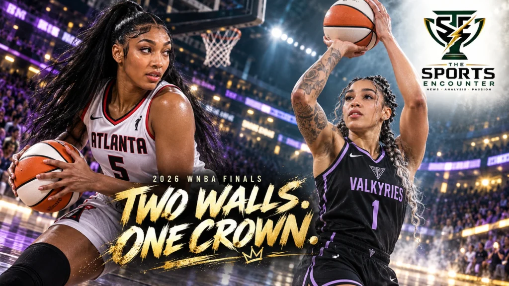 Angel Reese in Atlanta white protects the ball as Gabby Williams in Golden State black shoots in a cinematic 2026 WNBA Finals illustration.