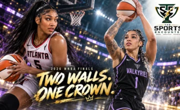 Angel Reese in Atlanta white protects the ball as Gabby Williams in Golden State black shoots in a cinematic 2026 WNBA Finals illustration.