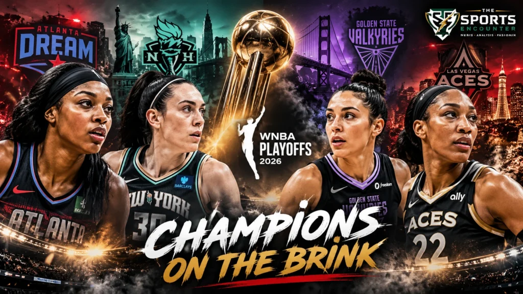 A WNBA playoff basketball scene featuring the Atlanta Dream, New York Liberty, Golden State Valkyries and Las Vegas Aces in the 2026 semifinals.