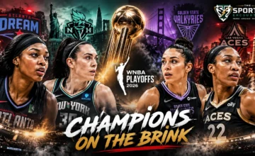 A WNBA playoff basketball scene featuring the Atlanta Dream, New York Liberty, Golden State Valkyries and Las Vegas Aces in the 2026 semifinals.