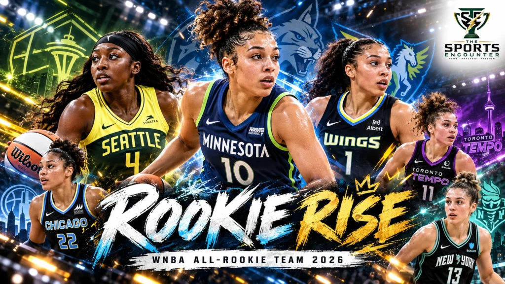 Olivia Miles, Azzi Fudd and Flau'jae Johnson featured alongside Sydney Taylor, Kiki Rice and Pauline Astier celebrating selection to the six-player 2026 WNBA All-Rookie Team.