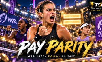 Women’s and men’s professional tennis players with WTA 1000 trophies representing equal prize money across combined tournaments from 2027