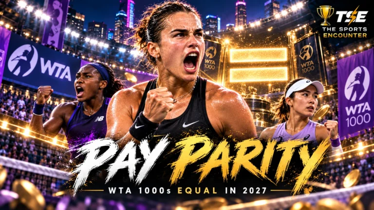 Women’s and men’s professional tennis players with WTA 1000 trophies representing equal prize money across combined tournaments from 2027